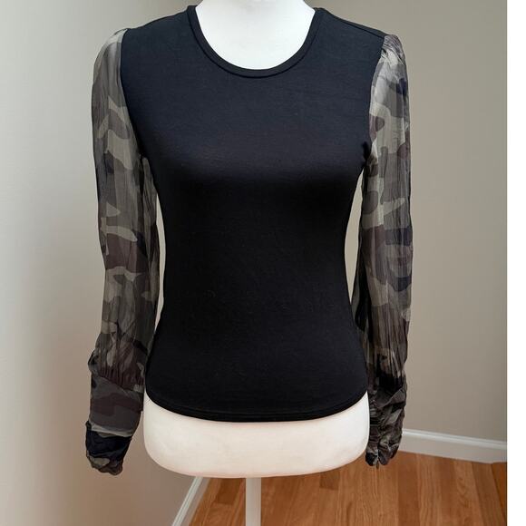 Generation Love Noelle Camo Sheer Sleeve Edgy Top Black Green Womens Size XS - Picture 3 of 9